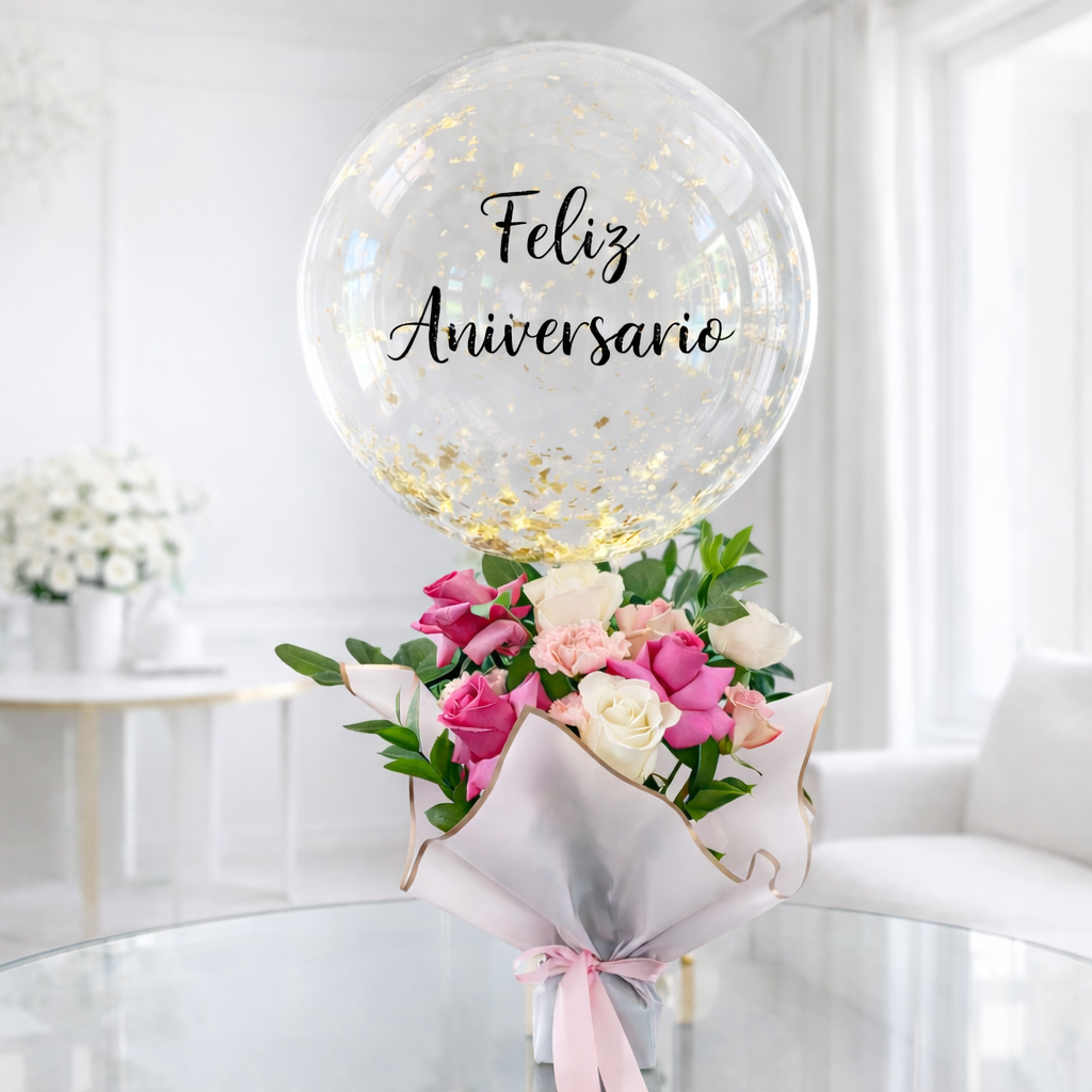 bouquet premium con rosas claveles y globo burbuja con confeti dorado en Madrid