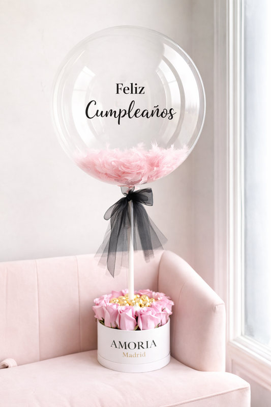 caja de rosas rosas con globo feliz cumpleaños madrid