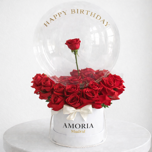 caja de rosas rojas con globo feliz cumpleaños madrid