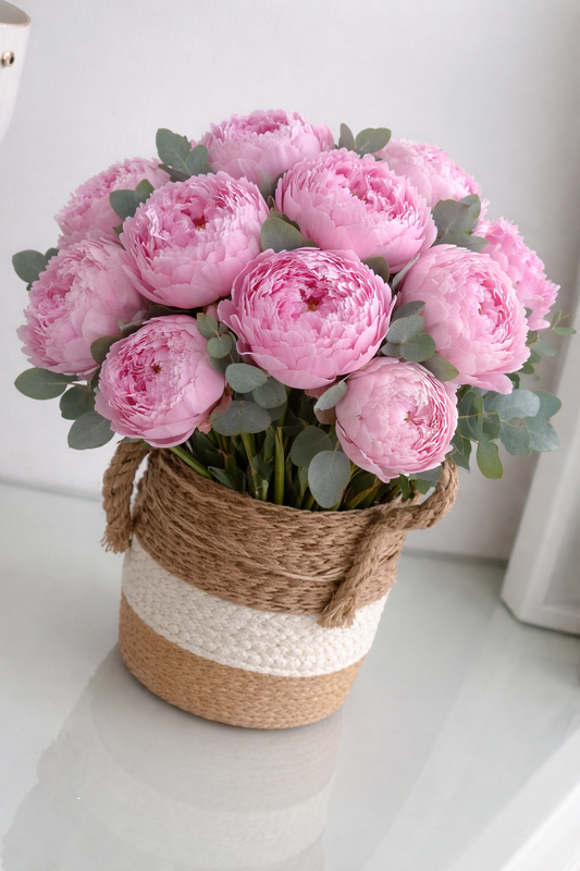 cesta de peonias rosas elegante Madrid