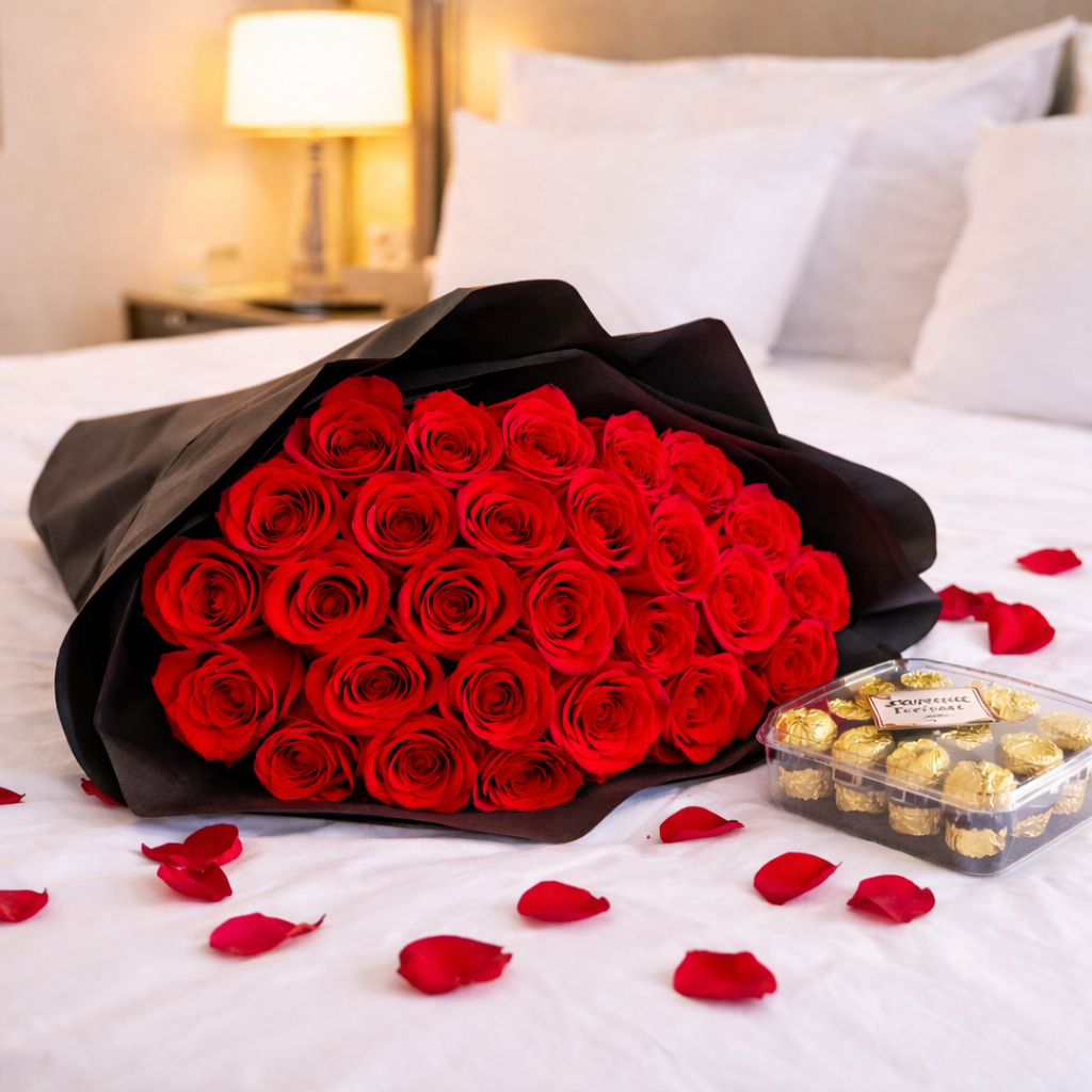 Ramo de 36 rosas rojas sobre cama de hotel con pétalos y caja de chocolates Ferrero Rocher