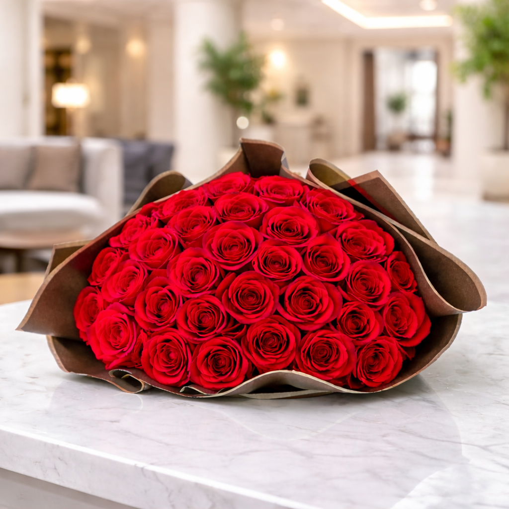 Bouquet de 36 rosas rojas envuelto en papel negro en madrid 