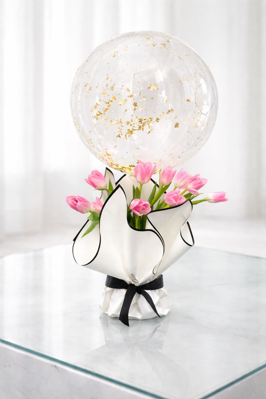 ramo de tulipanes rosados con globo burbuja transparente madrid